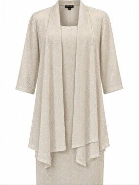 R & M Richards Crinkle Knit Metallic Dress & Jacket Formal Set Size 8 Champagne